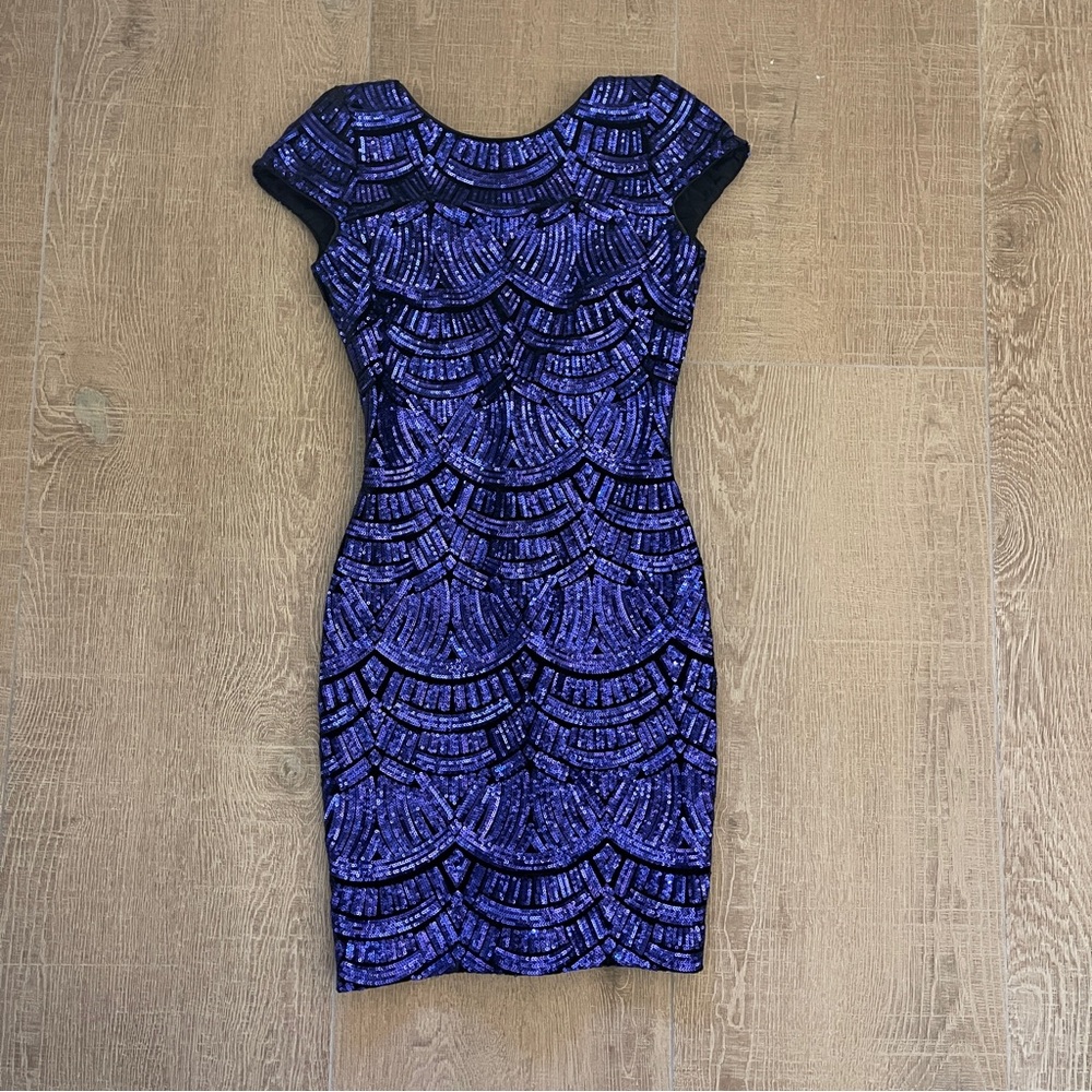 SOLD- Dress the Population Blue and Black Mini Dress